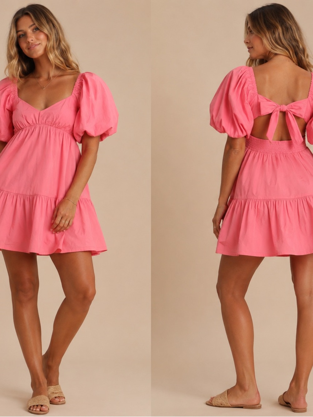 Women's Pink Puff-Sleeve Tie-Back Mini Dress